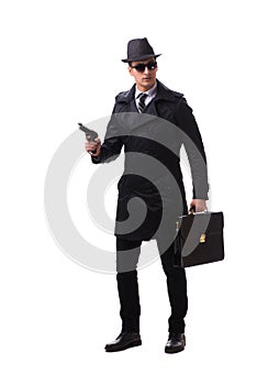 The man spy with handgun isolated on white background