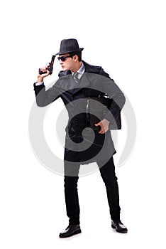 The man spy with handgun isolated on white background