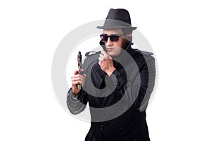 The man spy with handgun isolated on white background