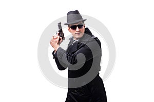 The man spy with handgun isolated on white background