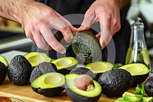 man squeezing avocados for ripeness