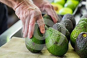 man squeezing avocados for ripeness