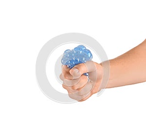 Man squeezing stress ball on white background