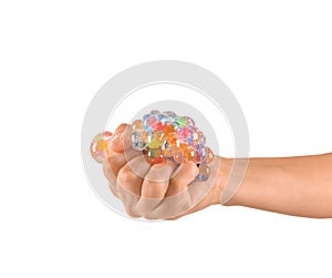 Man squeezing stress ball on white background