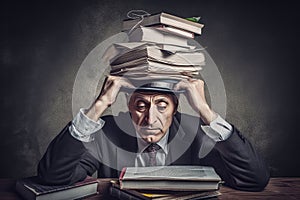Man with a stack of books and clock on his head