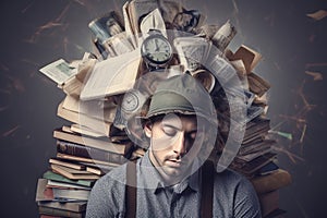 Man with a stack of books and clock on his head