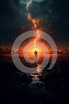 Man and panoramic landscape due to drought and weather under rain AI