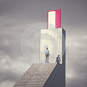 Man on stairs with a bigger step to a door
