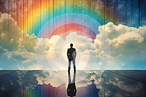 man stand in front of colorful rainbow cloud AI generated