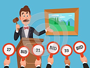 Man on stand leading auction hold gavel. People make bets on auctions bidding by raising bid paddles with numbers vector