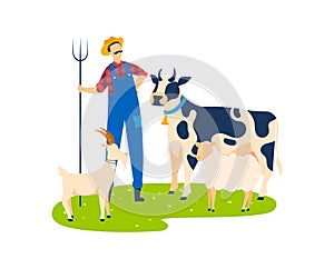 Man stand near domestic animal cow , goat at farm, vector illustration. Cartoon farm cattle, male herdsman at rural