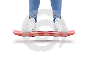 Man stand red hover board scooter isolated.