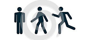 Man stand walk and run pictogram icon. Man pedestrian sign people and road traffic vector silhouette photo