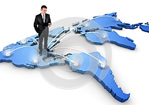 Man standing on a 3d world map