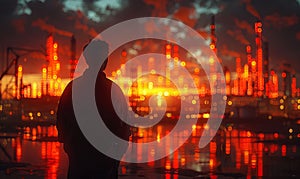 Man standing against the background of the oil refinery at sunset digital art style illustration painting
