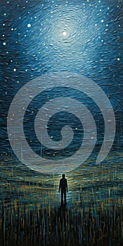 Man Standing Against Night Sky: A Stunningly Detailed Prairiecore Painting