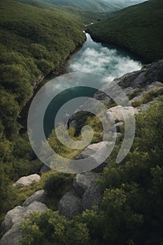 Man Standing Atop Mountain Next to River, Stunning Natural Landscape. Generative AI.