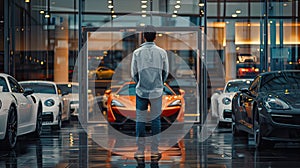 a man standing backwards in front of a car showroom from outside, portraying confusion as he contemplates which car to