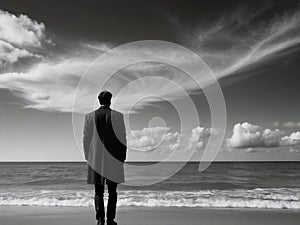 man standing on a beach hands in pockets of long coat looking at moody sky and sea horizon black and white