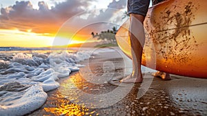 A man is standing on the beach holding a surfboard