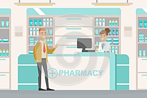 Man Standing Behind Counter in Pharmacy, Woman Pharmacist Helping him to Choose Medications, Modern Pharmacy and