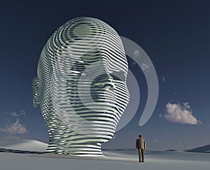 Man standing before big mystical head