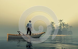 Man standing in a boat looking at a far island, during sunset at lake .