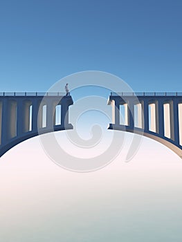 Bridge gap. Man standing on a broken bridge .