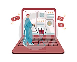 Man standing on cartoon laptop, carry cart, using laptop to visit website and buy goods