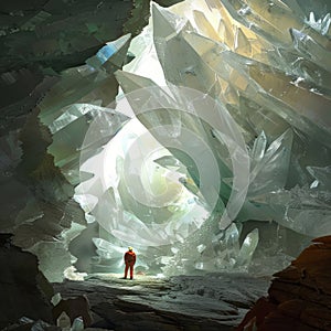 A man is standing in a cave with a large crystal formation