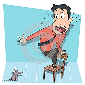Man standing on chair afraid of rat.