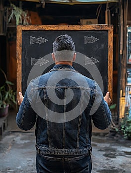Man standing before a chalkboard with arrows pointing in multiple directions symbolizing decision making crossroads and critica photo