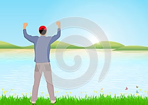 Man standing with cheerful with fists raised up beside the lake with sunrise background, success, achievement and winning concept
