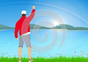 Man standing with cheerful with fists raised up beside the lake with sunrise with rainbow background, success, achievement concept
