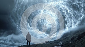 A man standing on a cliff looking at an enormous swirling vortex, AI