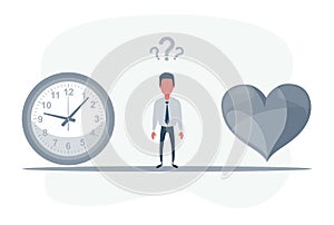 Man standing between a clock and a heart