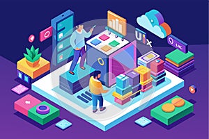 A man standing confidently atop a stack of books, Ui-ux differences Customizable Isometric Illustration