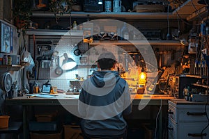 Man standing in a cozy home workshop