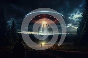 man standing in dark sky with moon, Alien UFO UAP abduction, AI Generated