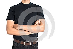 Man standing and do arms crosses on isolated white background. Black T-shirt and jeans with brown belt in Fashion concept