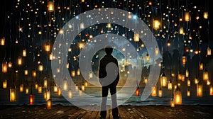 A man standing on a dock looking at lanterns. Generative AI image.