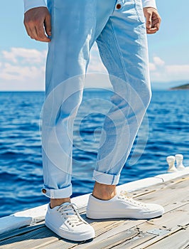 A man standing on a dock wearing white sneakers