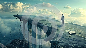 Man Standing on the Edge of a Crumbling Bridge Above Clouds. Conceptual and Surreal Imagery, Symbolizing Challenge and