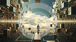 Man standing on the edge of a futuristic building. Generative ai