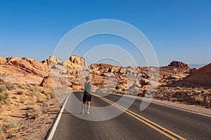 Man standing on endless winding empty road in Valley of Fire State Park leading to red Aztec Sandstone Rock formations