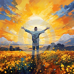 man is standing in a field of yellow flowers