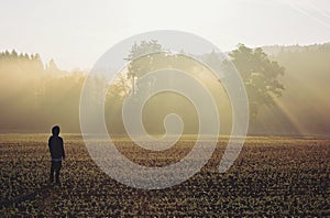 Man standing in the fog at sunrise