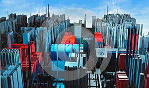 Man standing on fractal colorful red and blue city with blue sky and clouds. Modern future city, 3D rendering