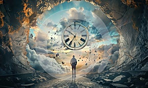 man standing in front of big clock, time spending and transience concept, desert fantasy world