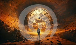 man standing in front of big clock, time spending and transience concept, desert fantasy world photo
